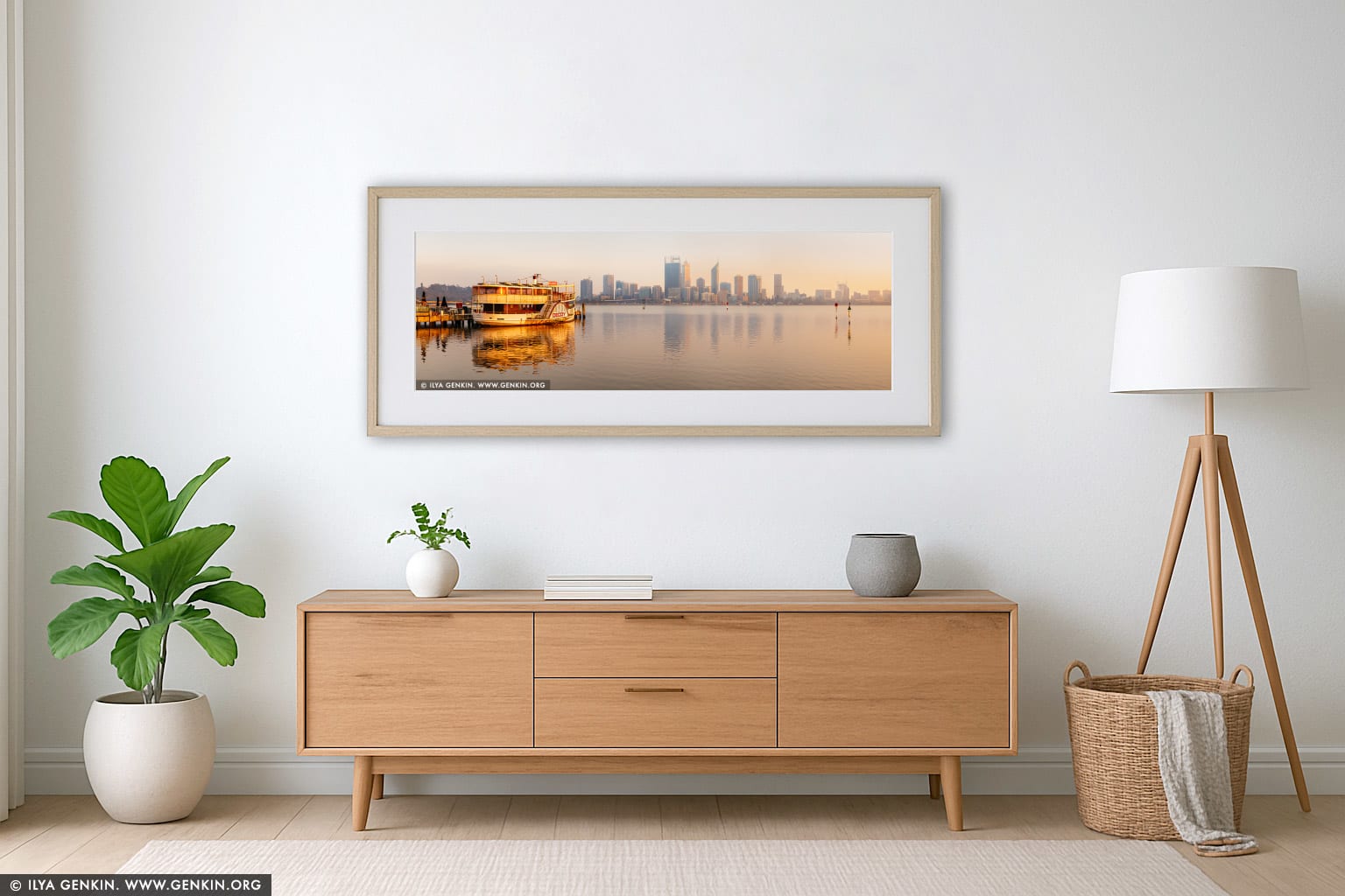 Paddle Steamer P.S. Decoy with Perth Skyline wall art in a luxury living room interior