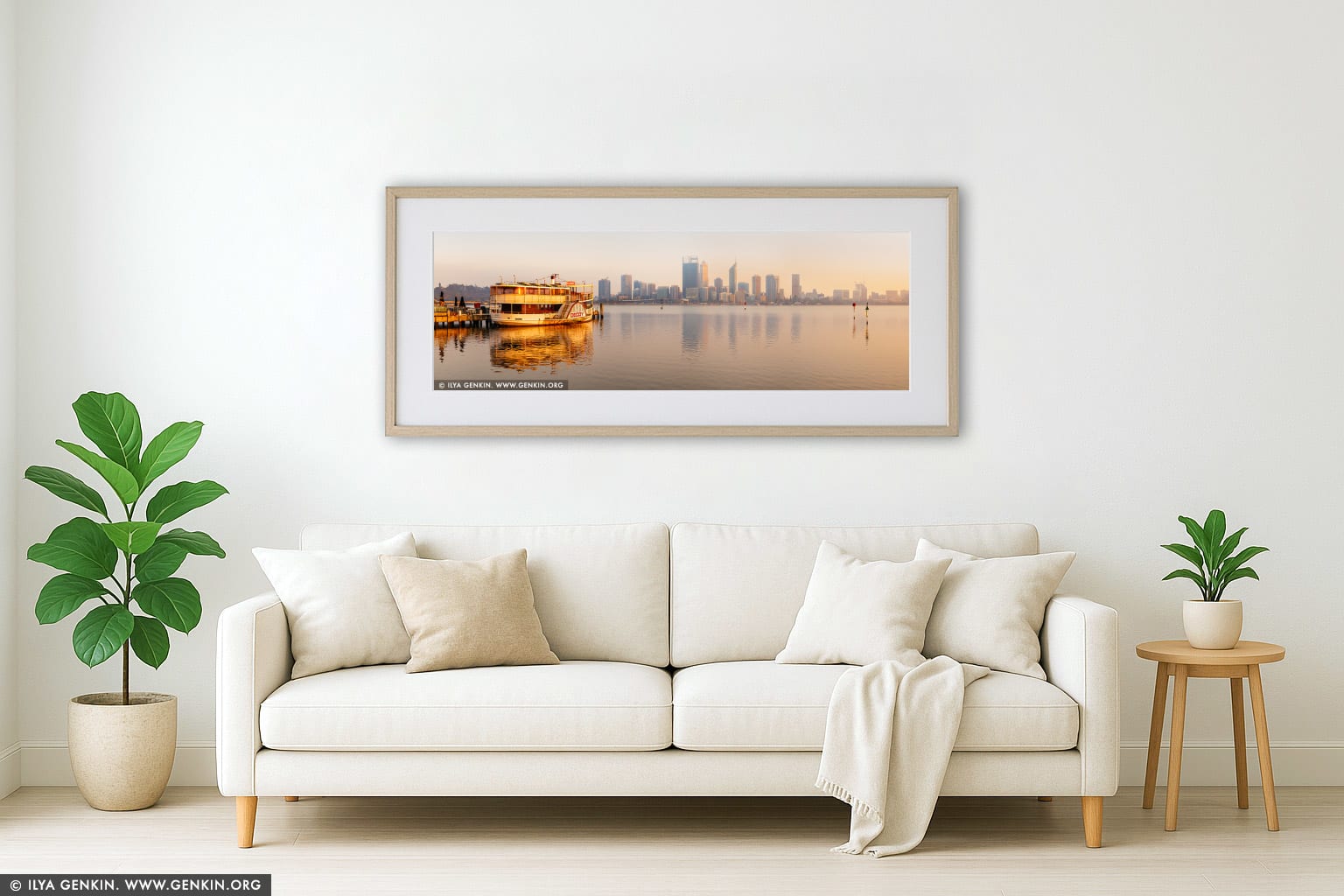 Paddle Steamer P.S. Decoy with Perth Skyline wall art in a contemporary living room interior