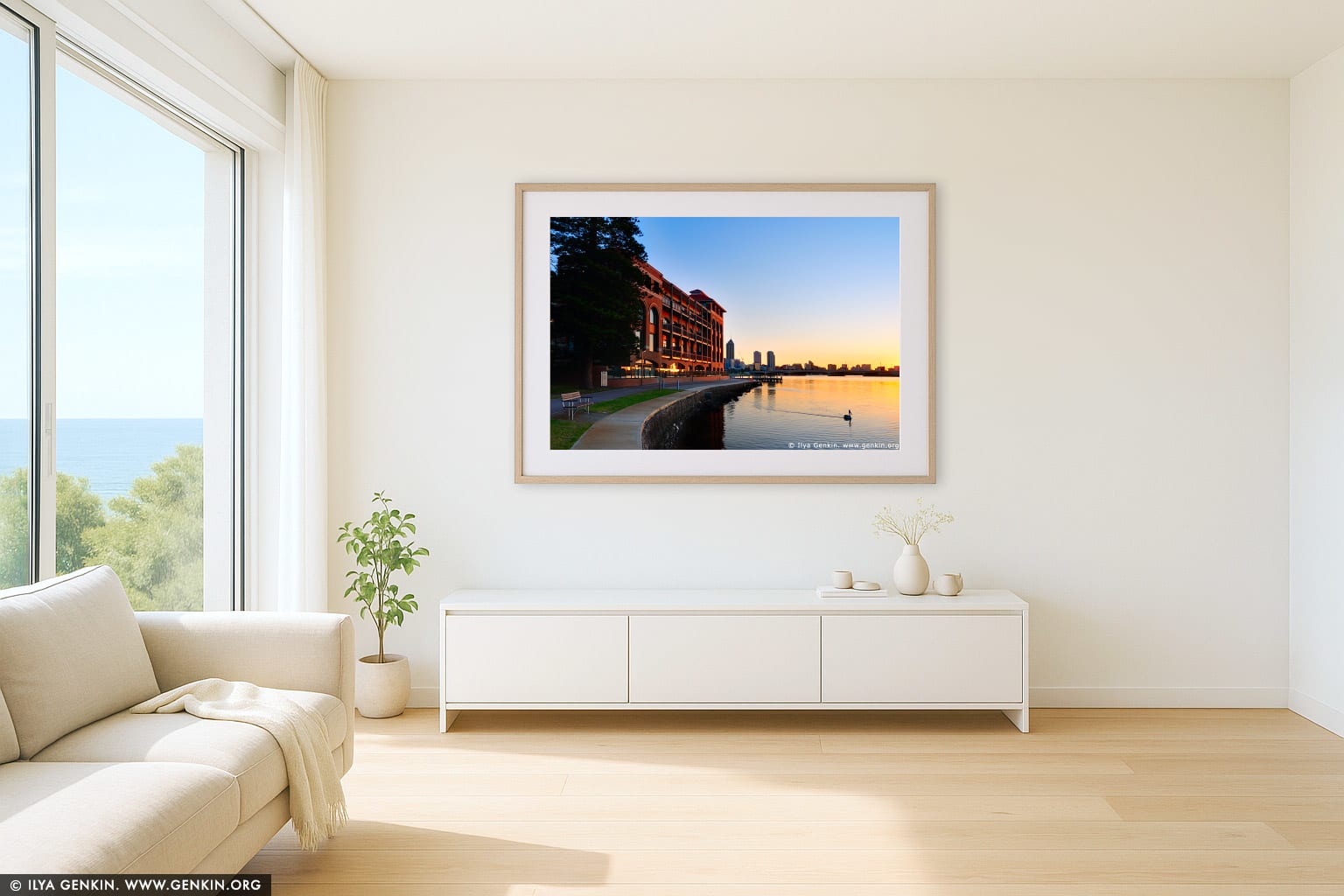 The Old Swan Brewery wall art in a minimalist living room interior