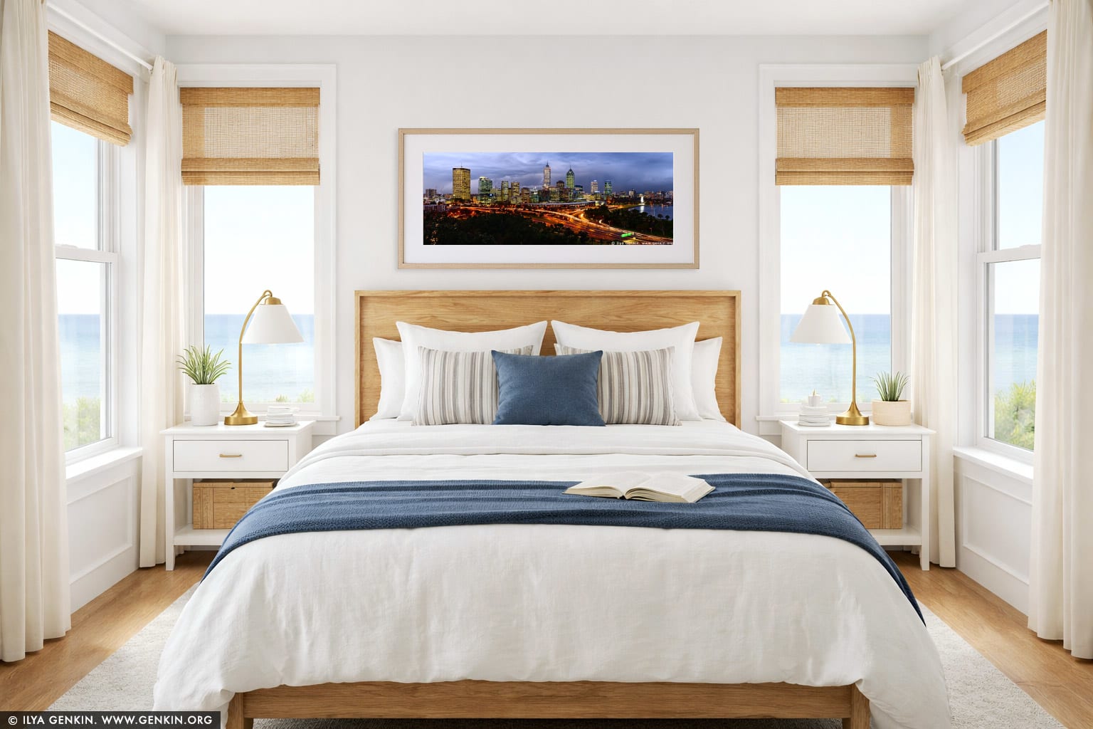 Perth CBD wall art in a bedroom interior