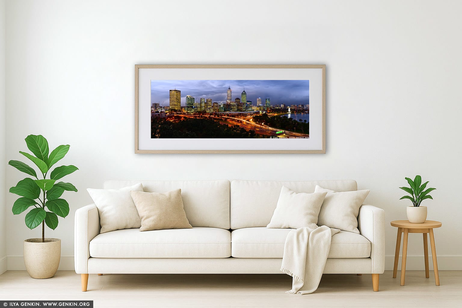 Perth CBD wall art in a luxury living room interior