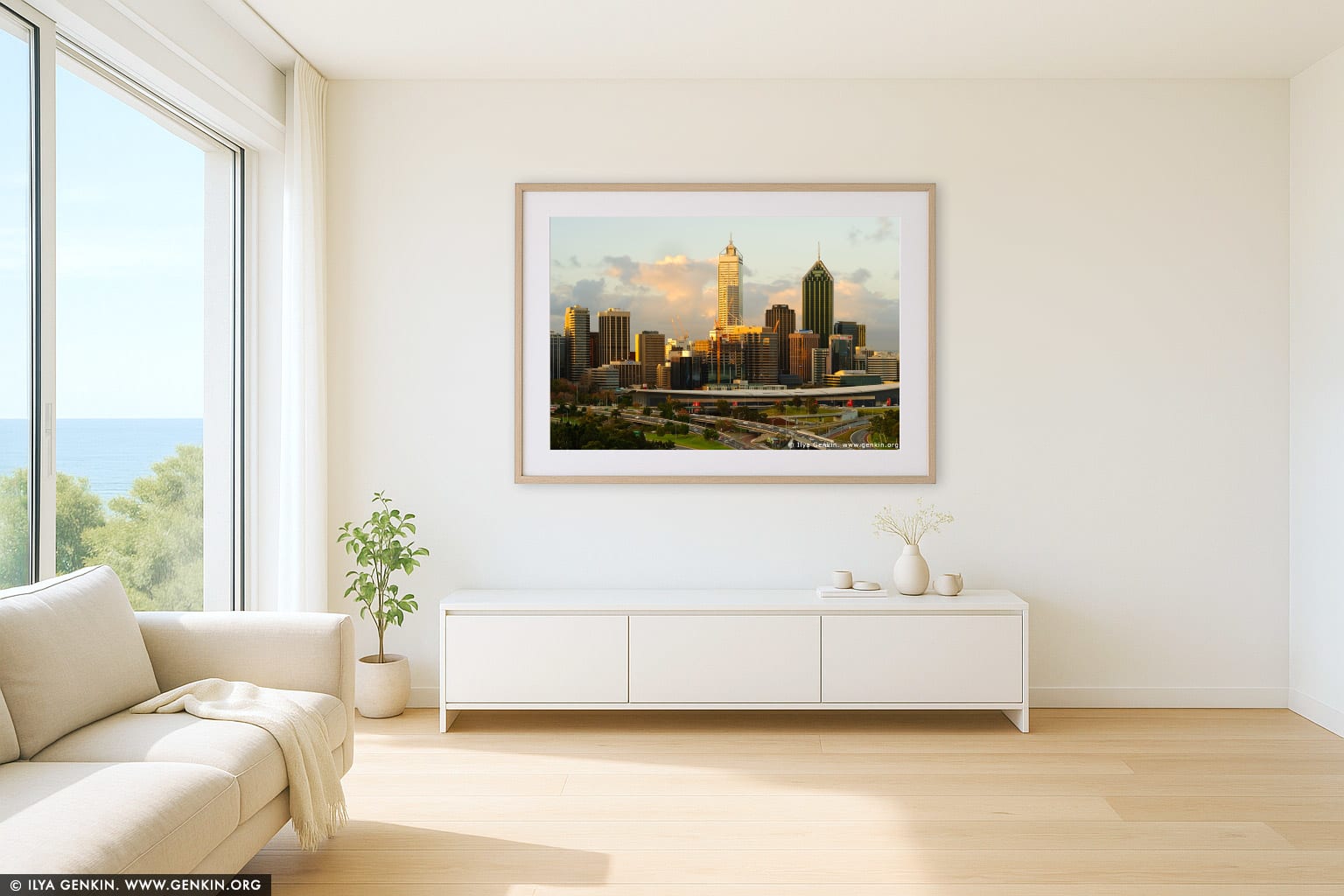 Perth CBD wall art in a minimalist living room interior
