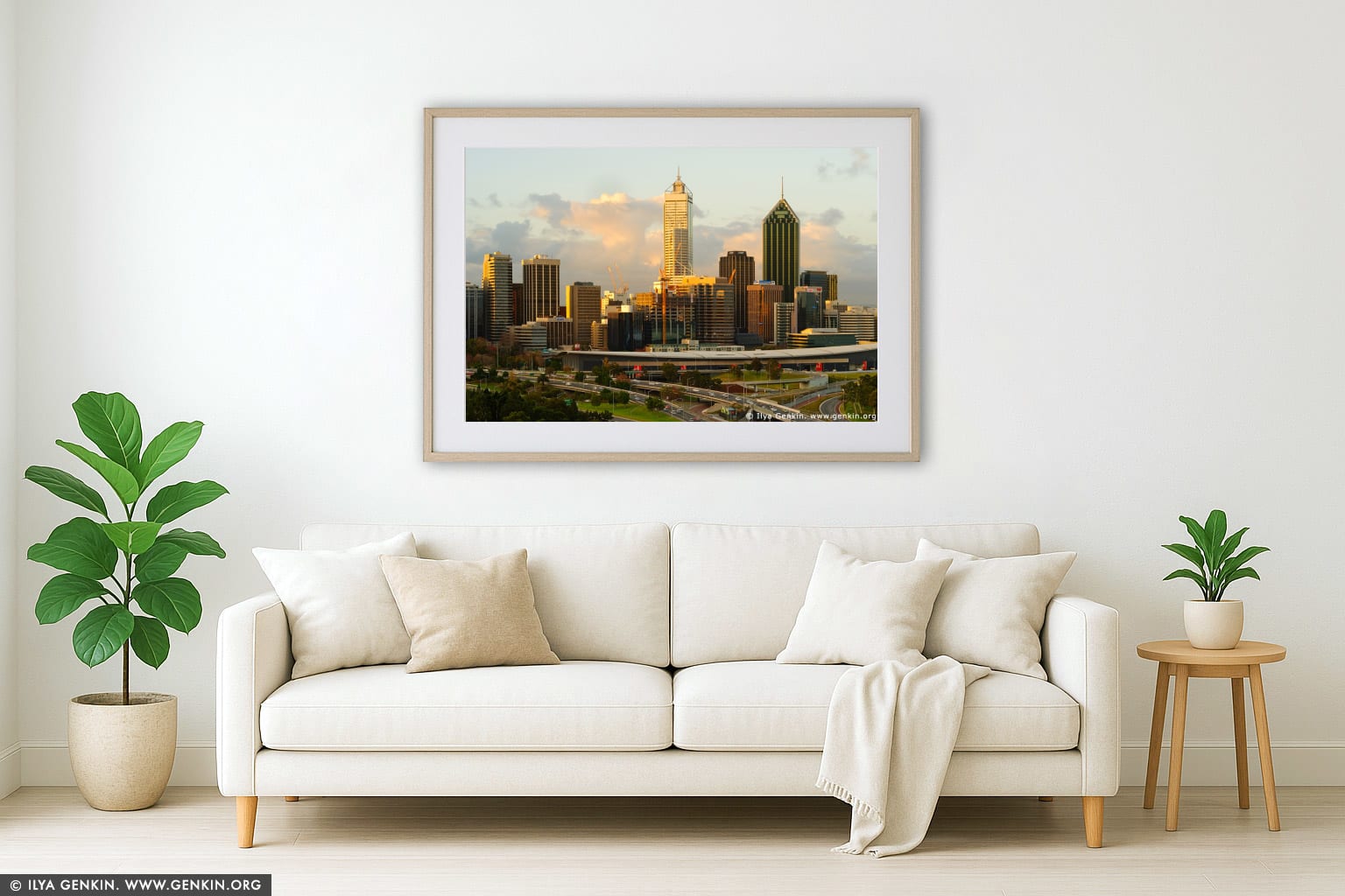 Perth CBD wall art in a contemporary living room interior