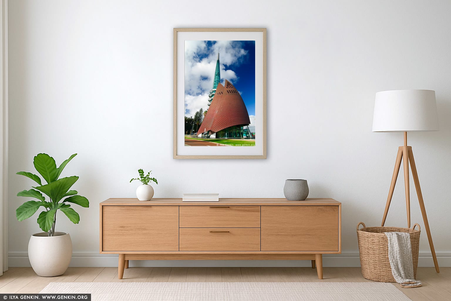 The Swan Bell Tower at Night wall art in a minimalist living room interior