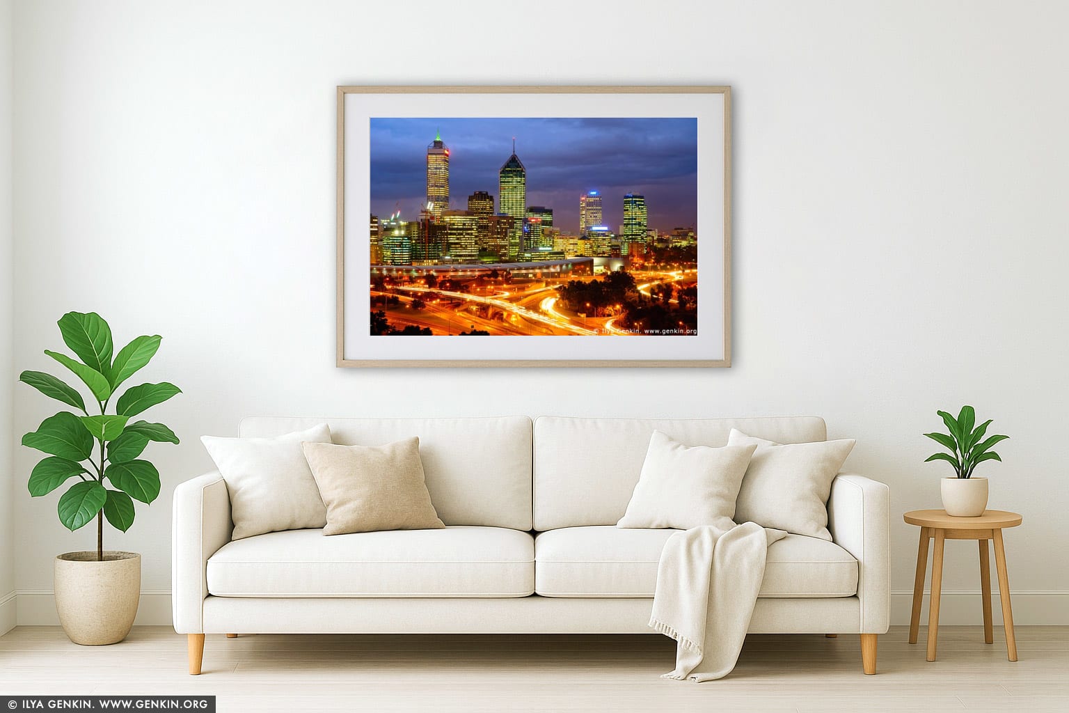 Perth CBD wall art in a contemporary living room interior