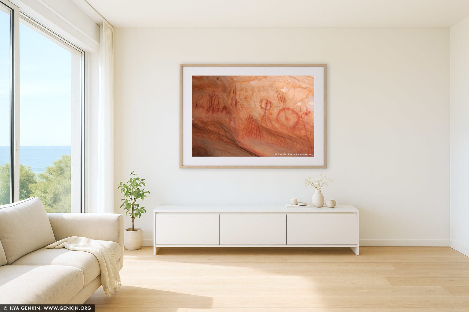 Aboriginal Paintings at Yourambulla Caves wall art in a modern living room interior