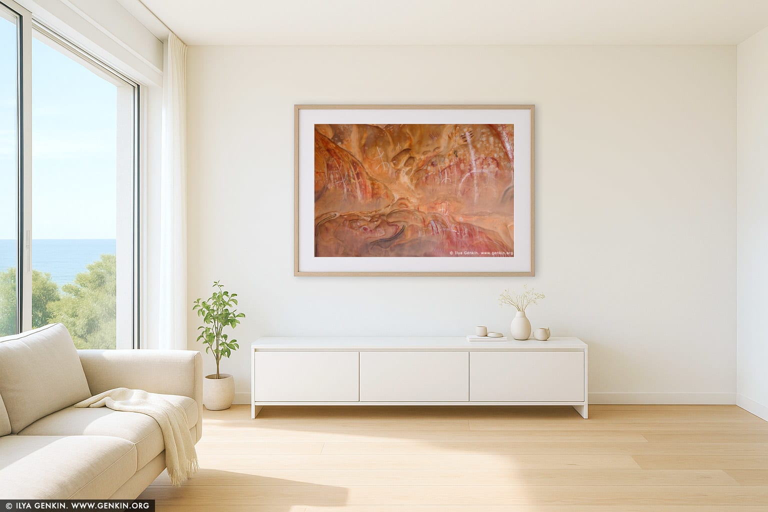 Aboriginal Paintings at Arkaroo Rock wall art in a contemporary living room interior