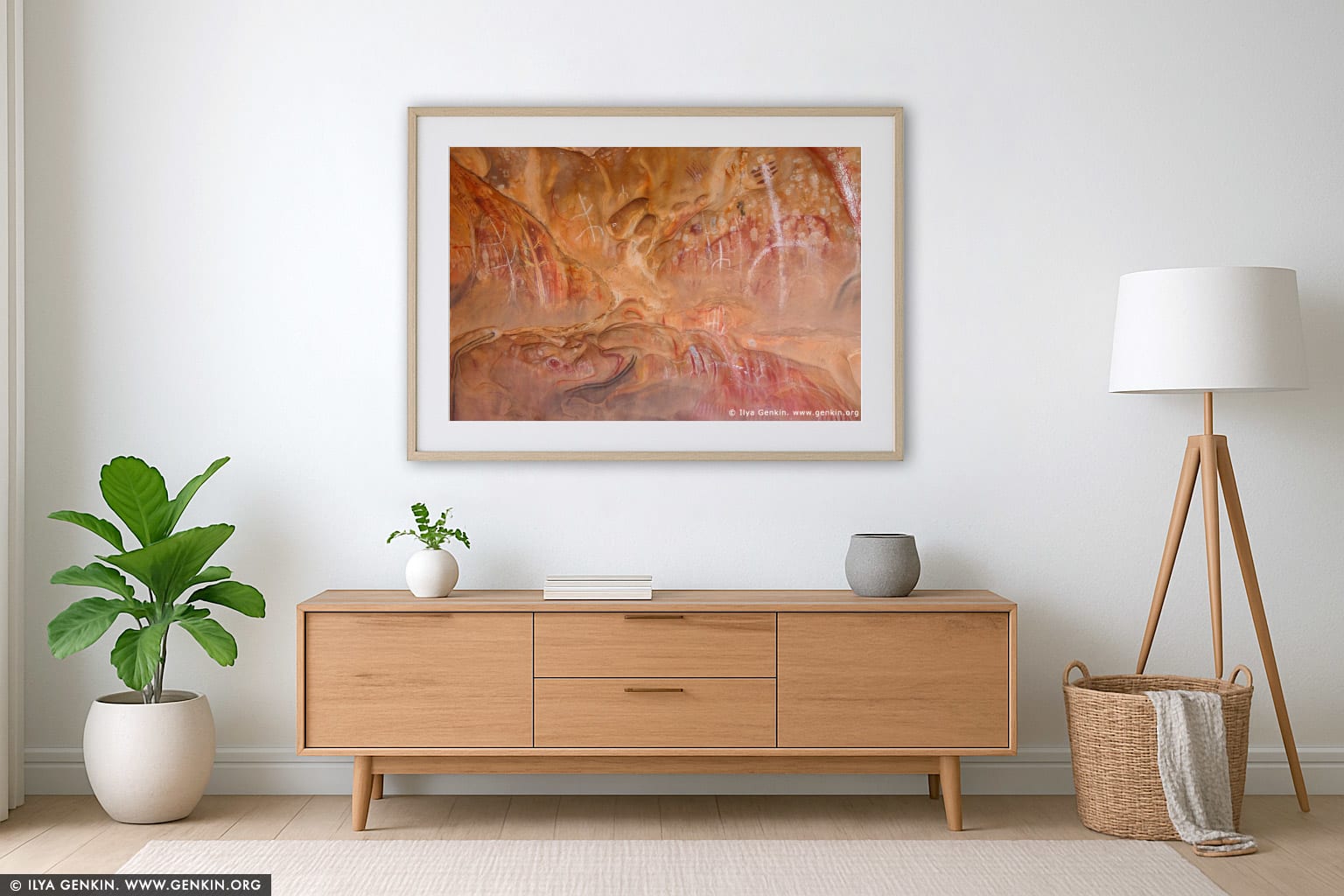 Aboriginal Paintings at Arkaroo Rock wall art in a minimalist living room interior