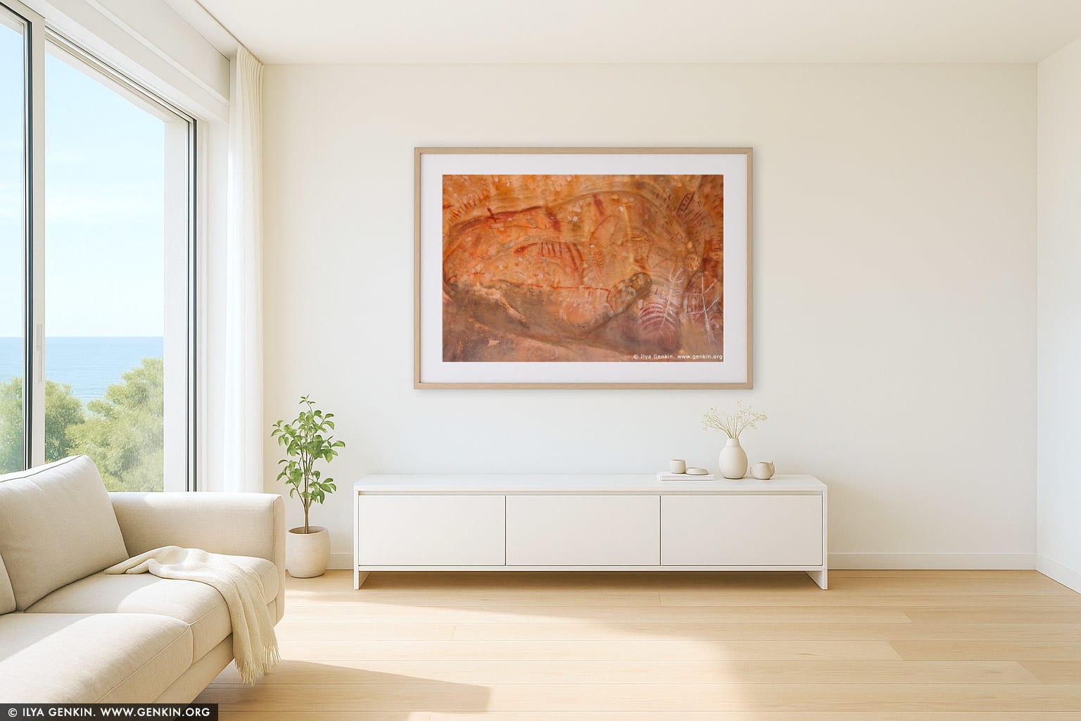 Aboriginal Paintings at Arkaroo Rock wall art in a minimalist living room interior