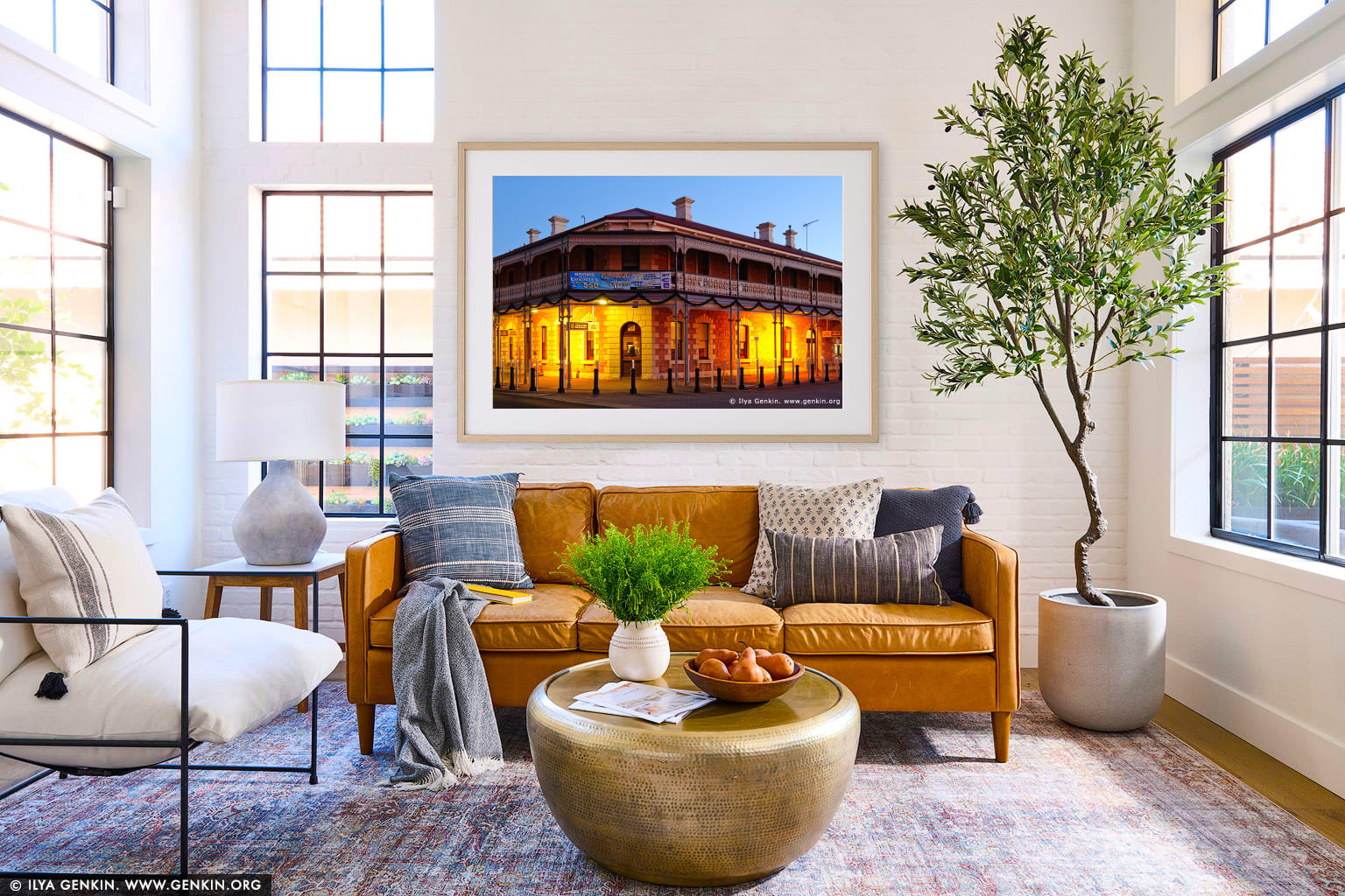 Jens Town Hall Hotel at Twilight wall art in a contemporary living room interior
