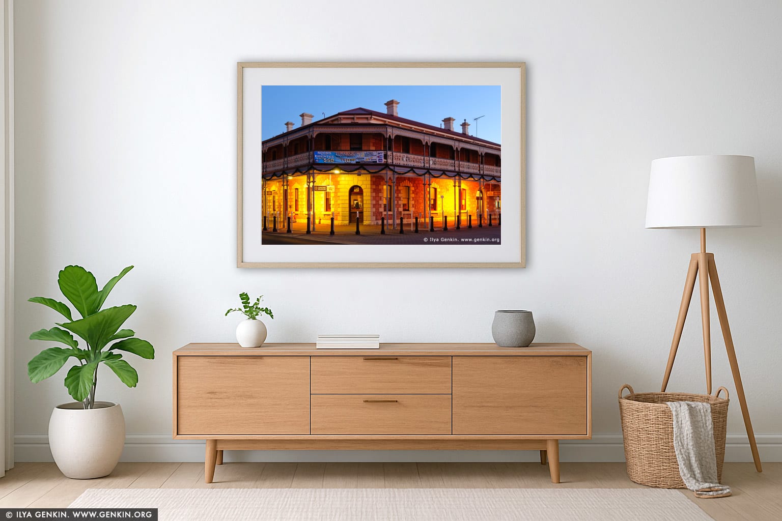 Jens Town Hall Hotel at Twilight wall art in a minimalist living room interior