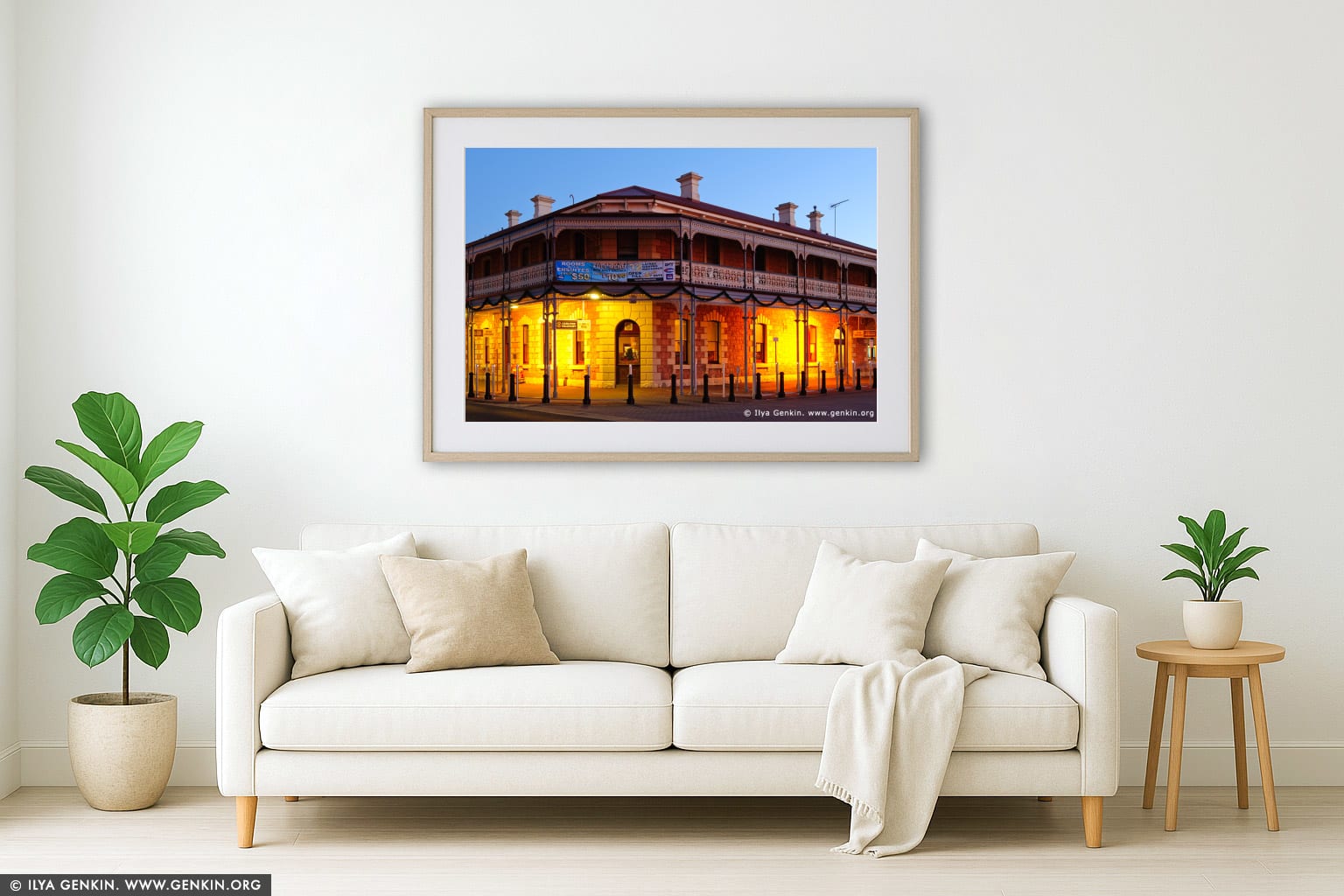 Jens Town Hall Hotel at Twilight wall art in a modern living room interior