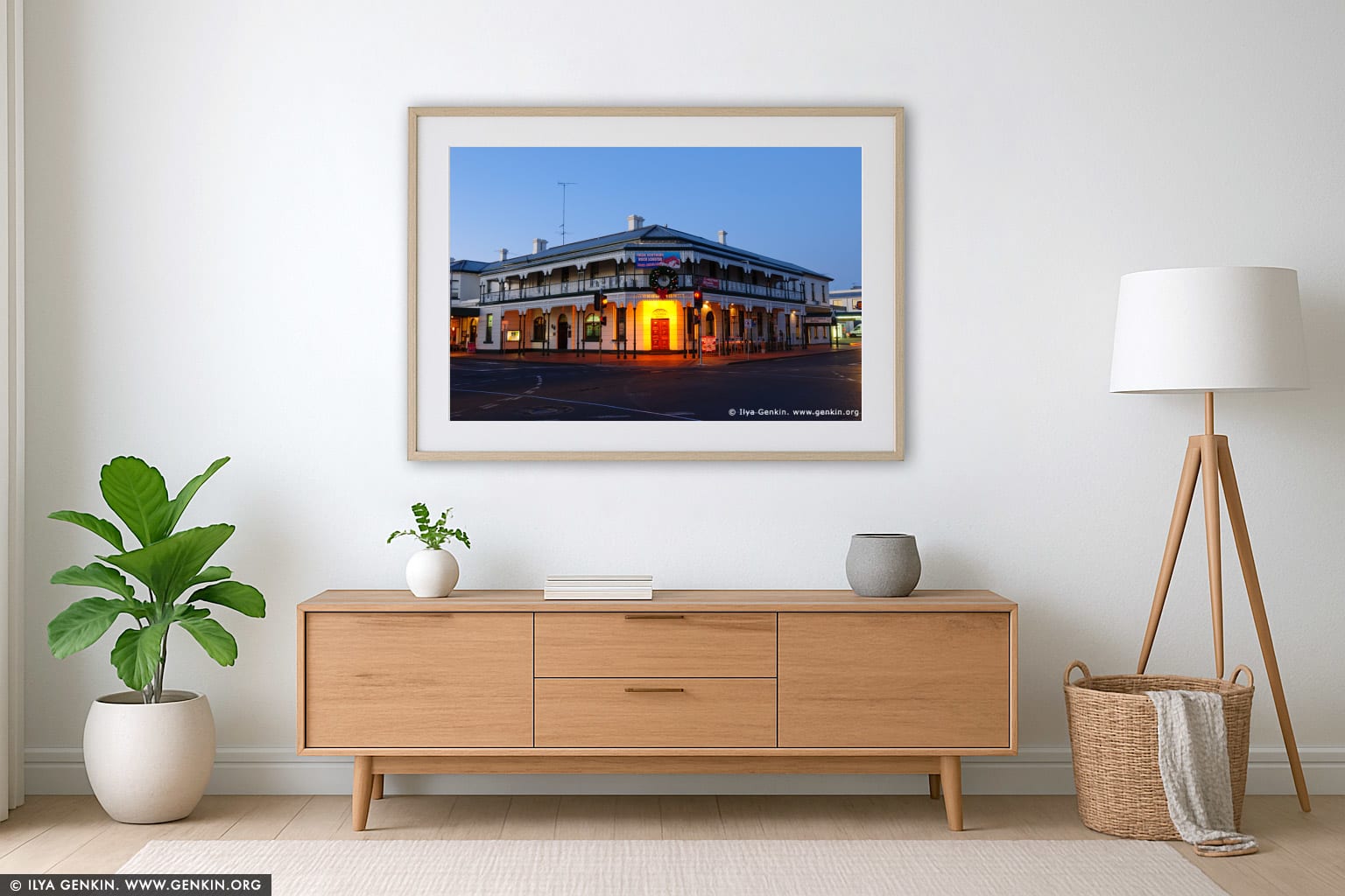 Mount Gambier Hotel at Twilight wall art in a contemporary living room interior
