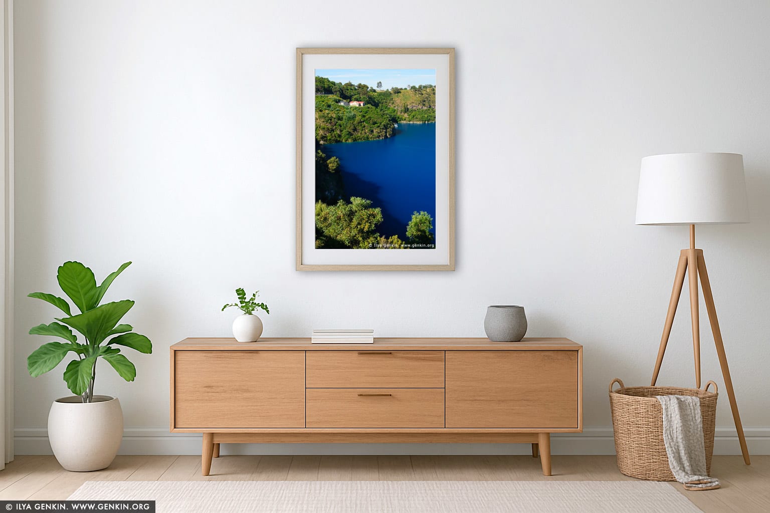 The Blue Lake wall art in a modern living room interior