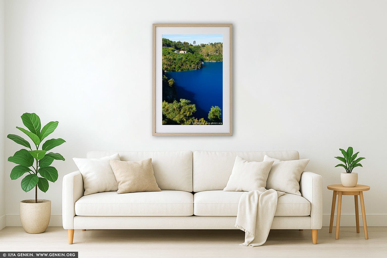 The Blue Lake wall art in a minimalist living room interior