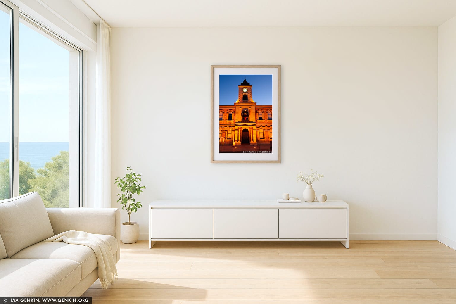 Old Town Hall (City Hall) at night. wall art in a modern living room interior