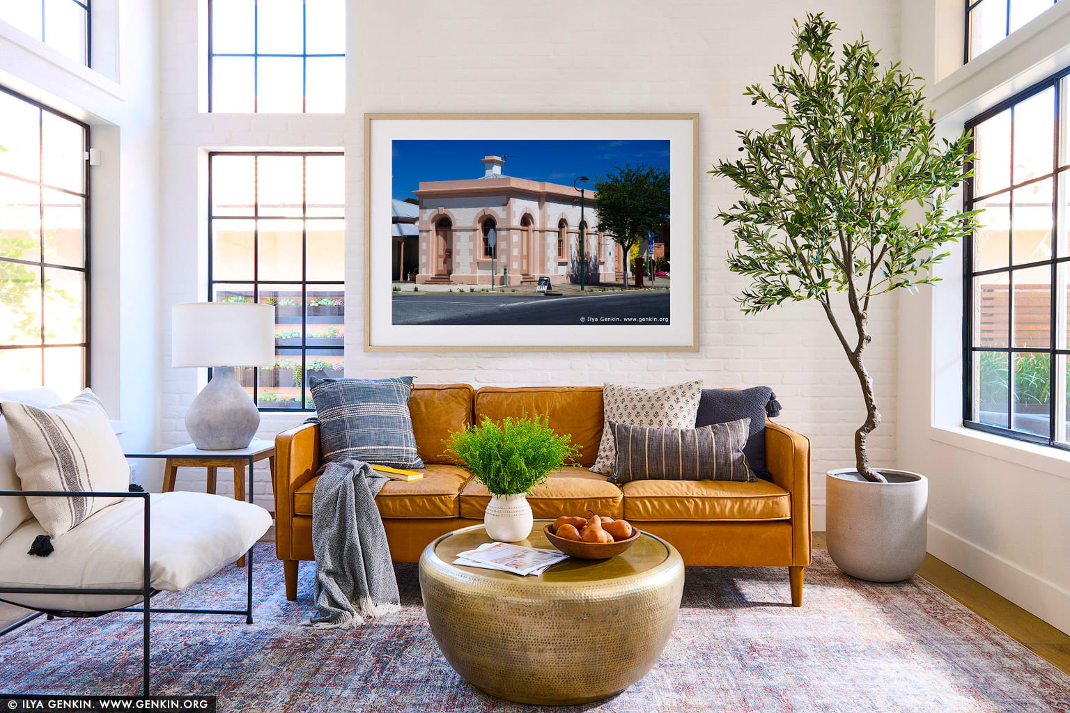 Old Bulding wall art in a modern living room interior