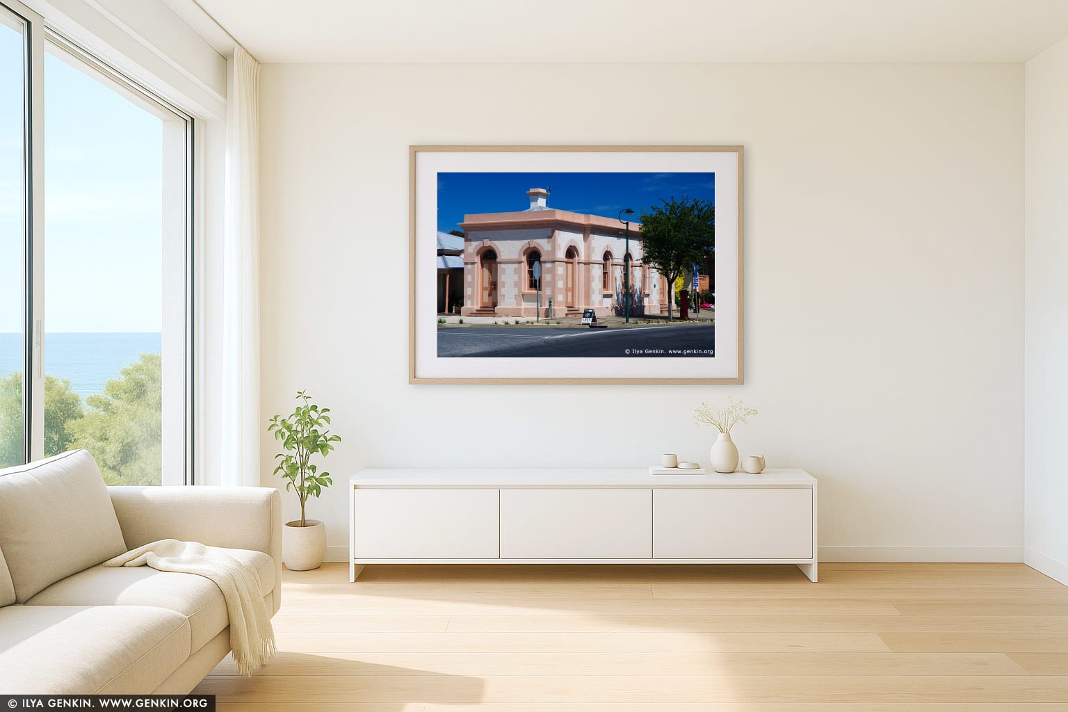 Old Bulding wall art in a modern living room interior