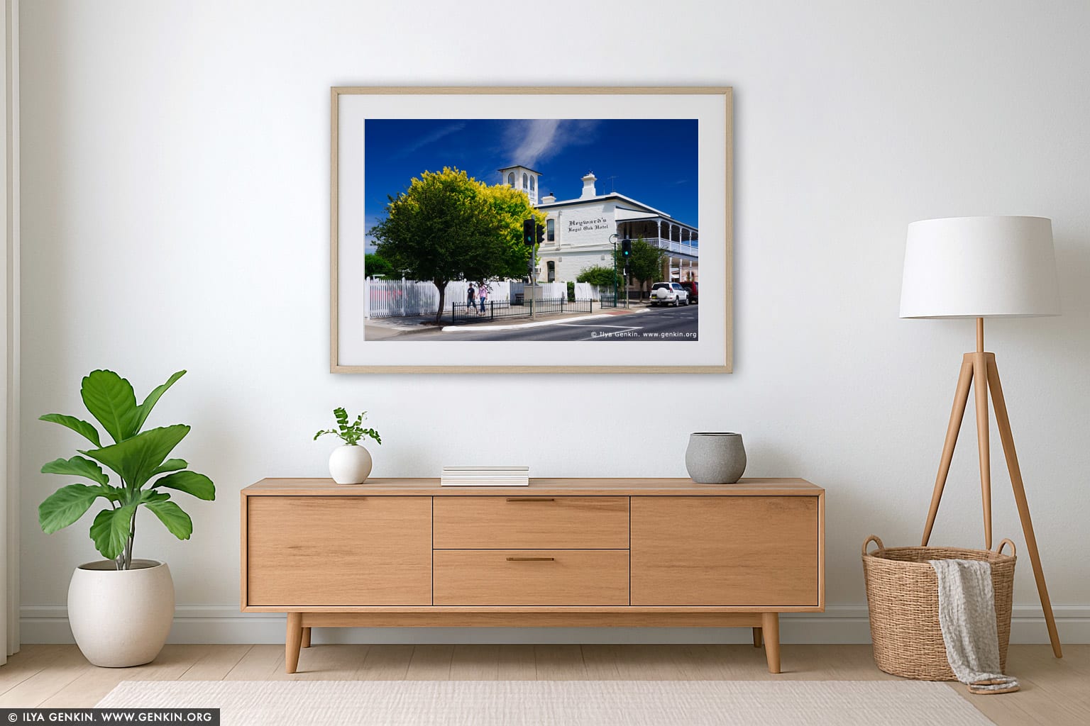 Heyward's Royal Oak Hotel wall art in a minimalist living room interior