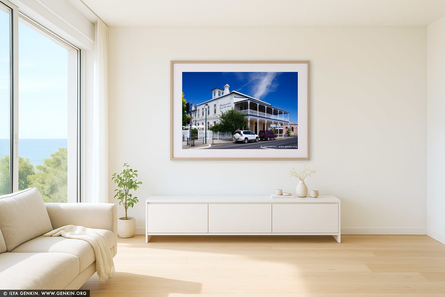 Heyward's Royal Oak Hotel wall art in a modern living room interior