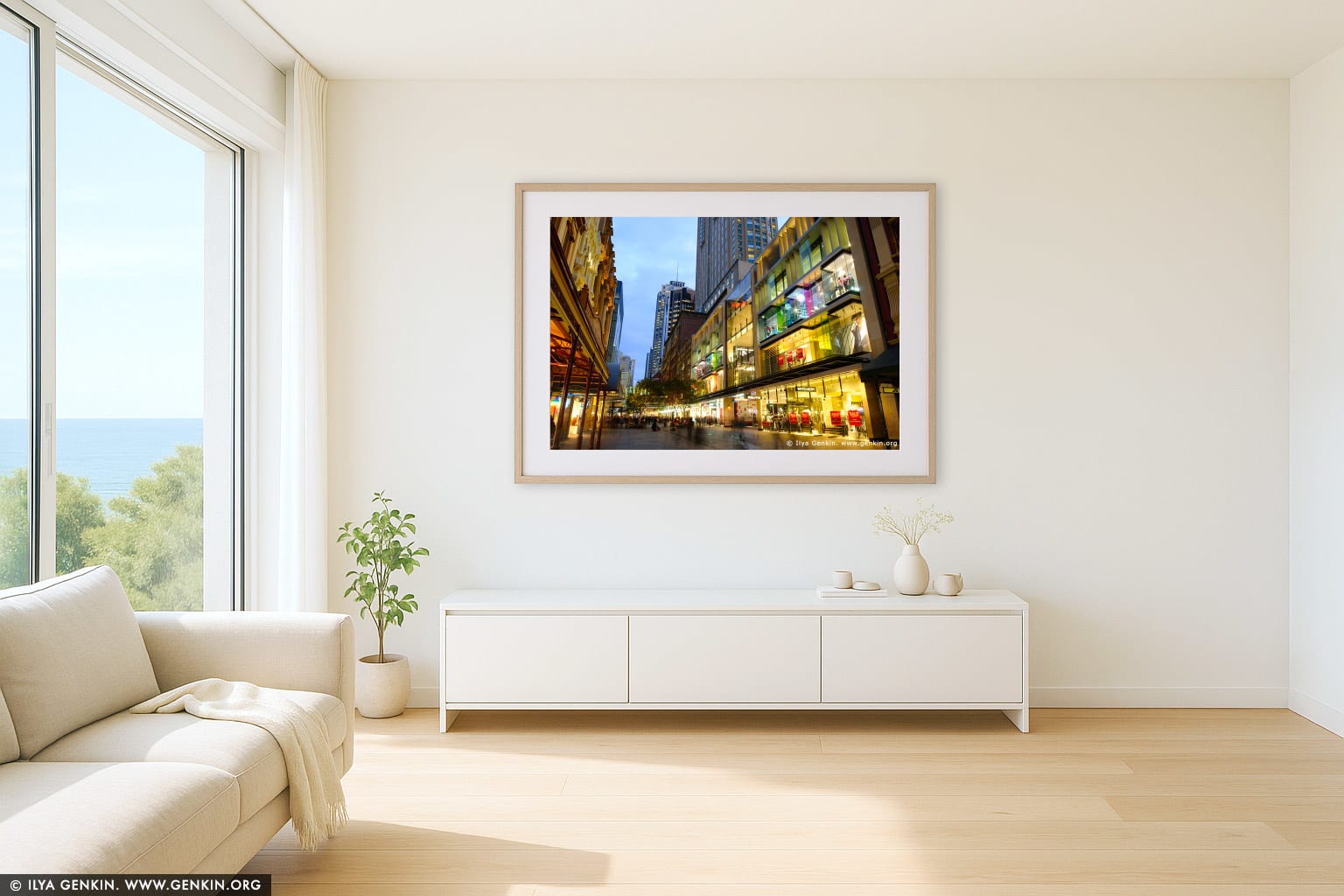 Pitt Street Mall after Sunset wall art in a modern living room interior