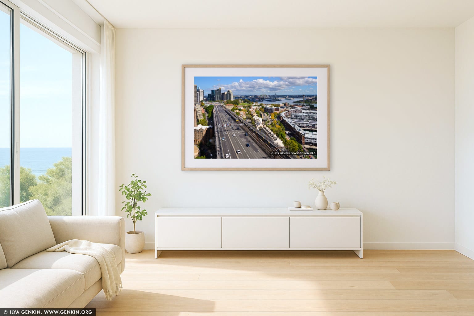Sydney City and The Bradfield Highway from Pylon Lookout wall art in a luxury living room interior