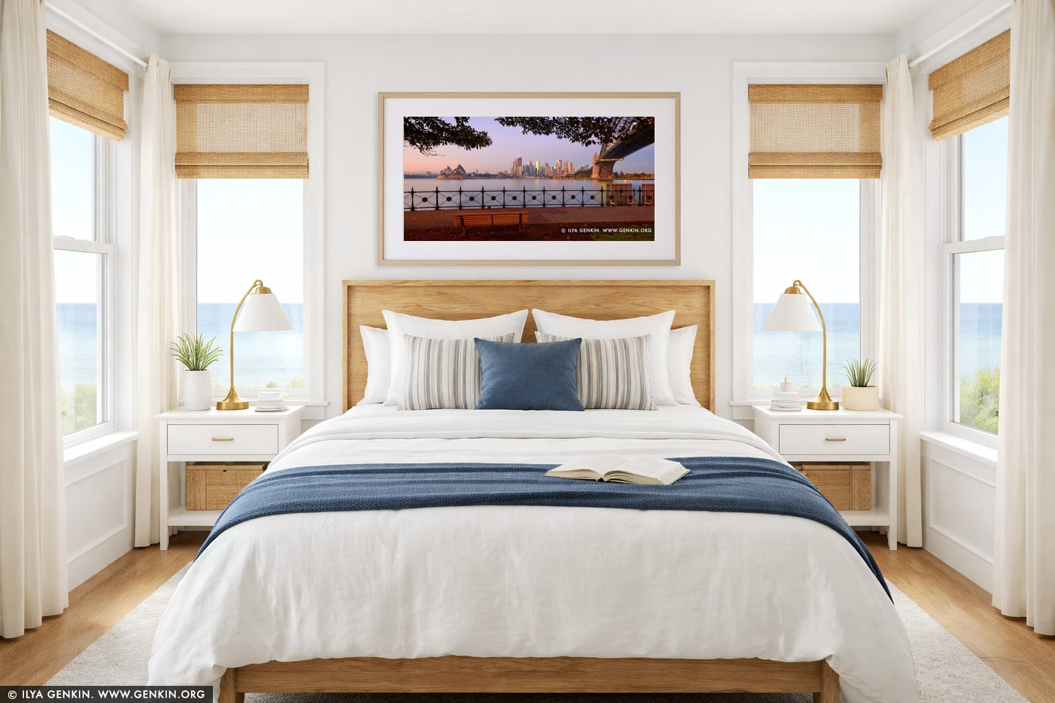 The Sydney City CBD at Sunrise from Kirribilli wall art in a bedroom interior