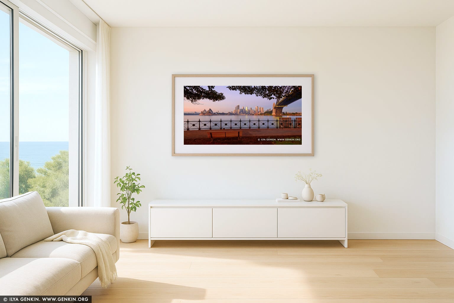 The Sydney City CBD at Sunrise from Kirribilli wall art in a contemporary living room interior
