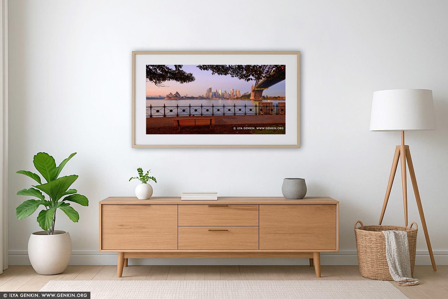 The Sydney City CBD at Sunrise from Kirribilli wall art in a minimalist living room interior