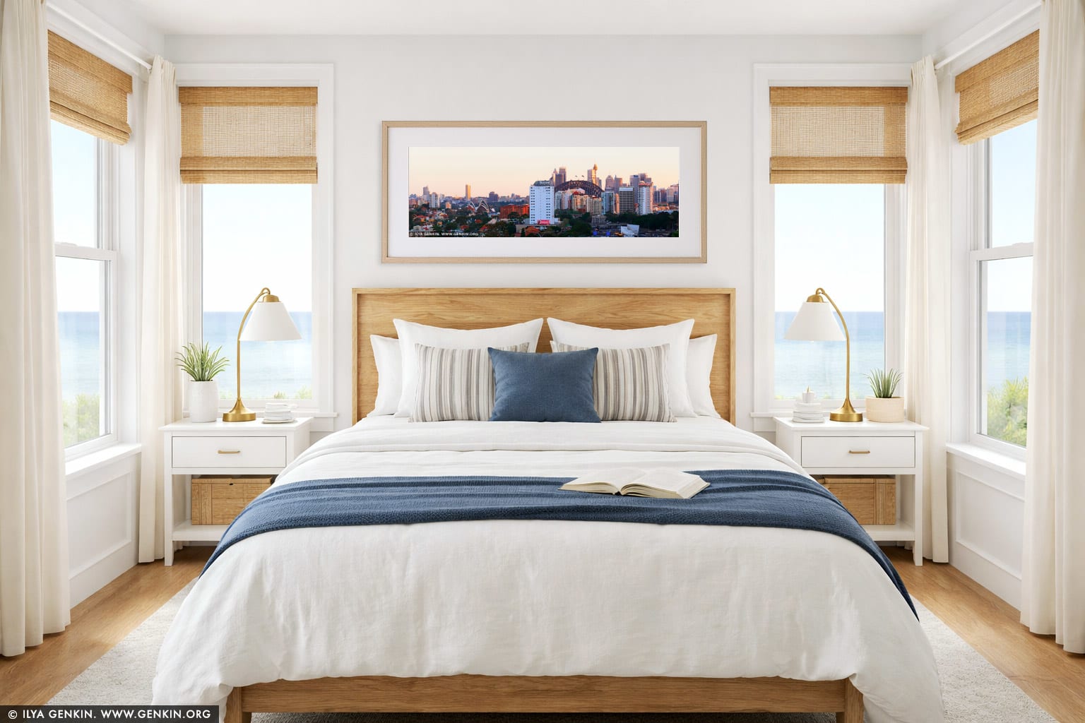 Sydney City at Sunset wall art in a bedroom interior