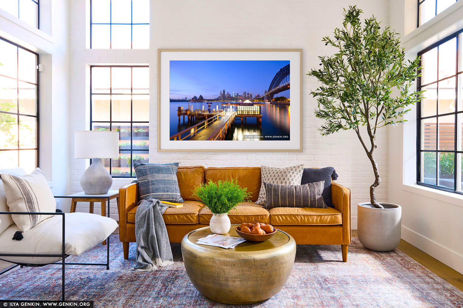 Jeffrey Street Wharf at Twilight wall art in a minimalist living room interior