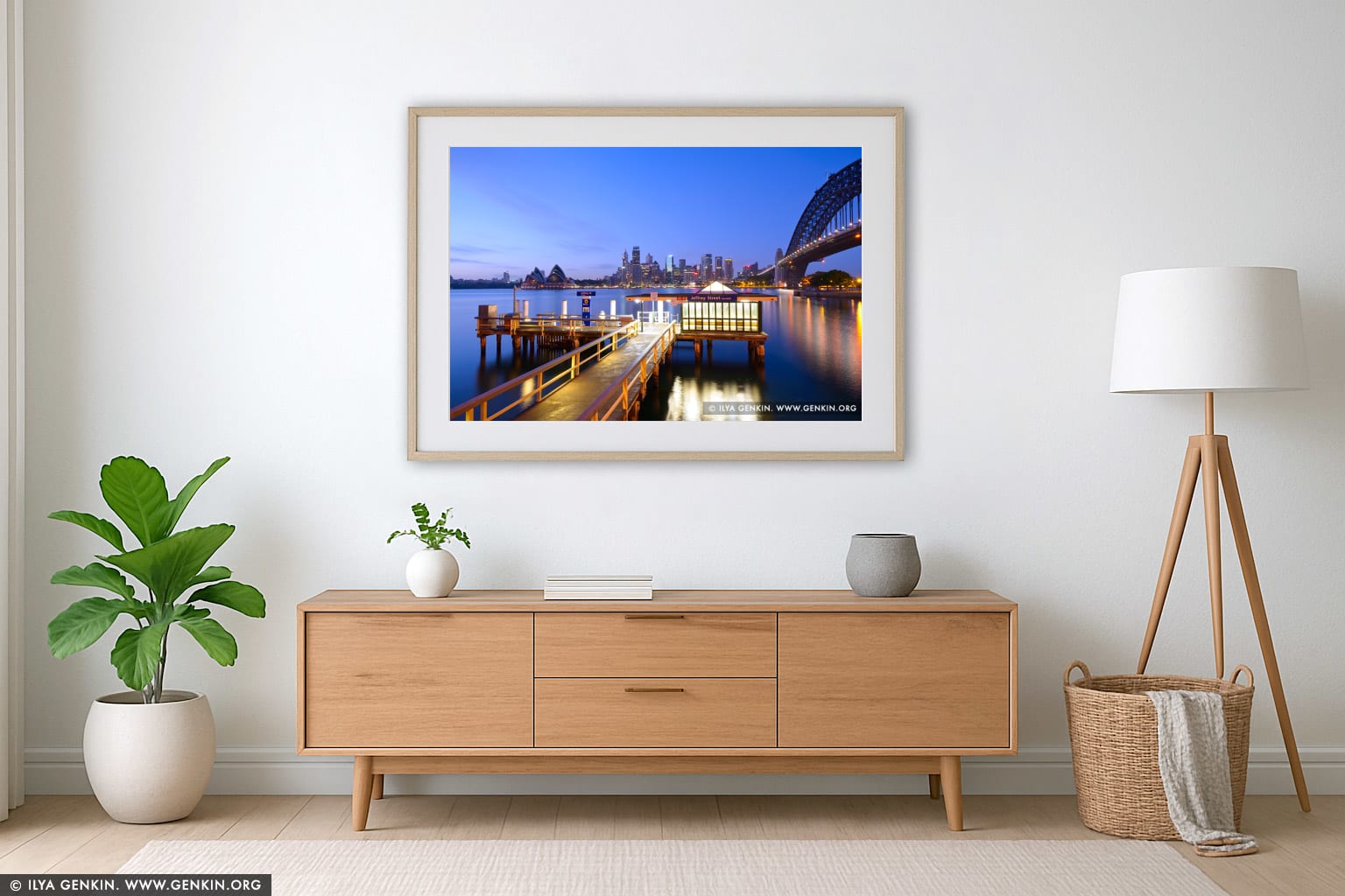 Jeffrey Street Wharf at Twilight wall art in a luxury living room interior
