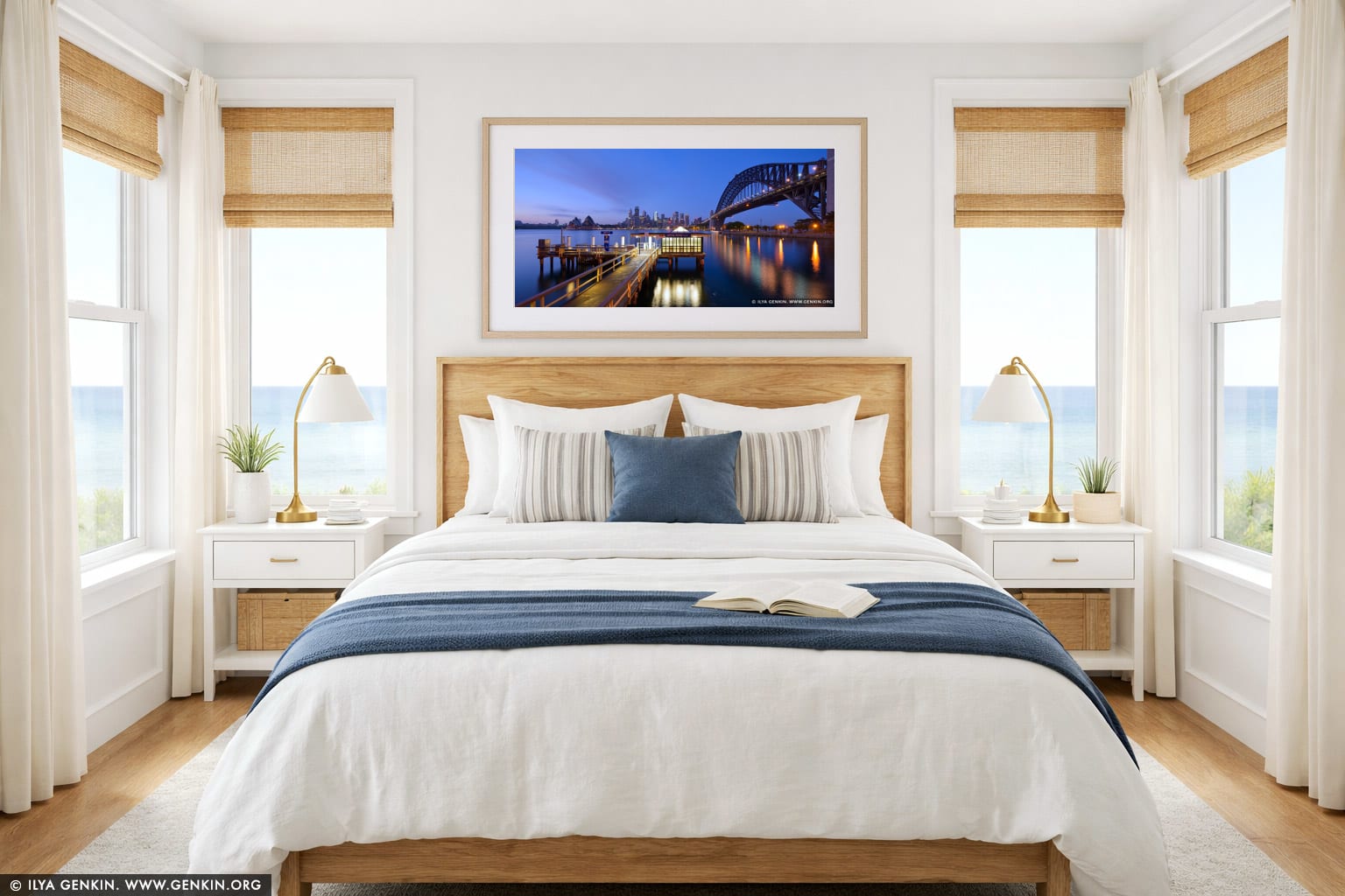 Jeffrey Street Wharf at Dawn wall art in a bedroom interior