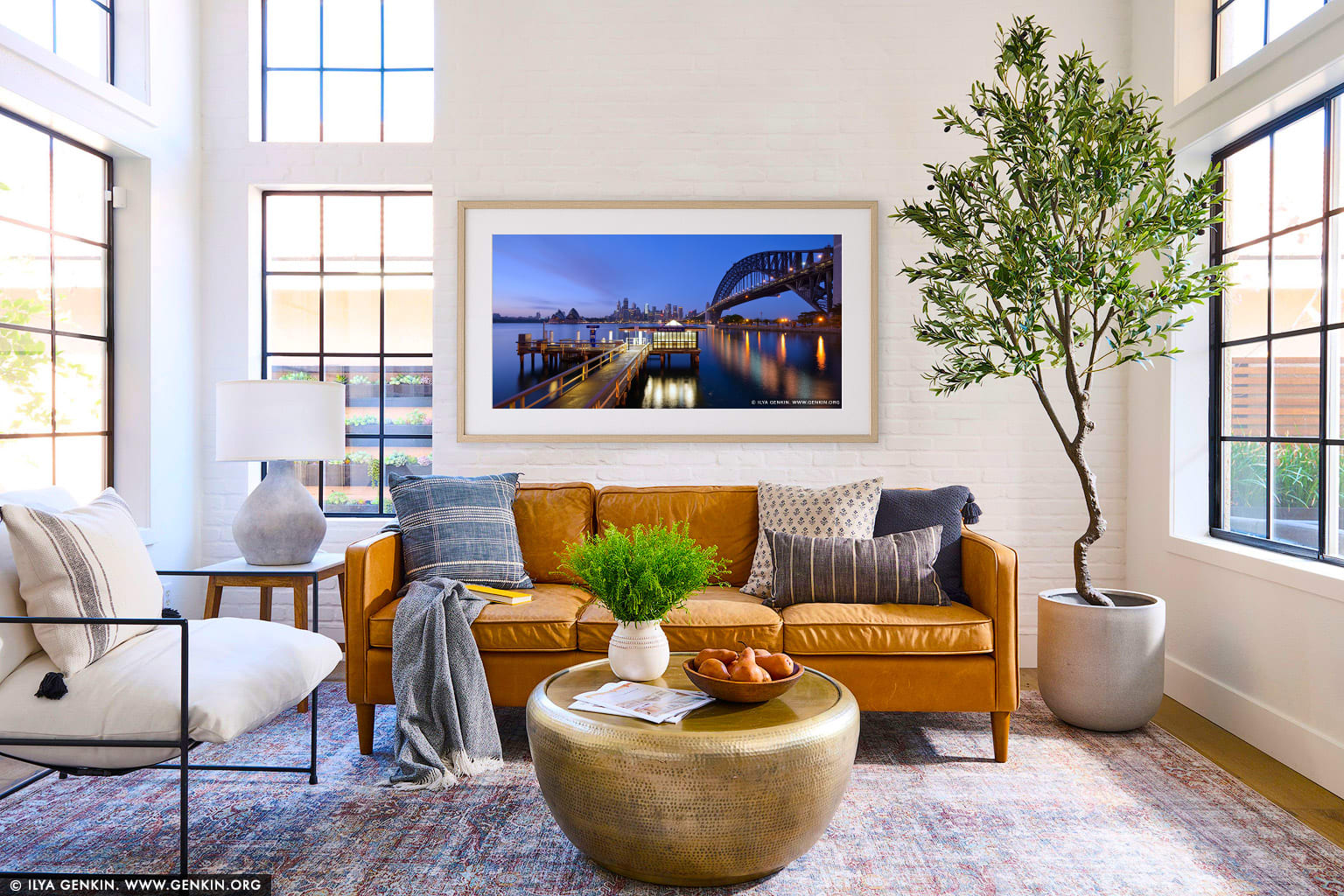 Jeffrey Street Wharf at Dawn wall art in a luxury living room interior