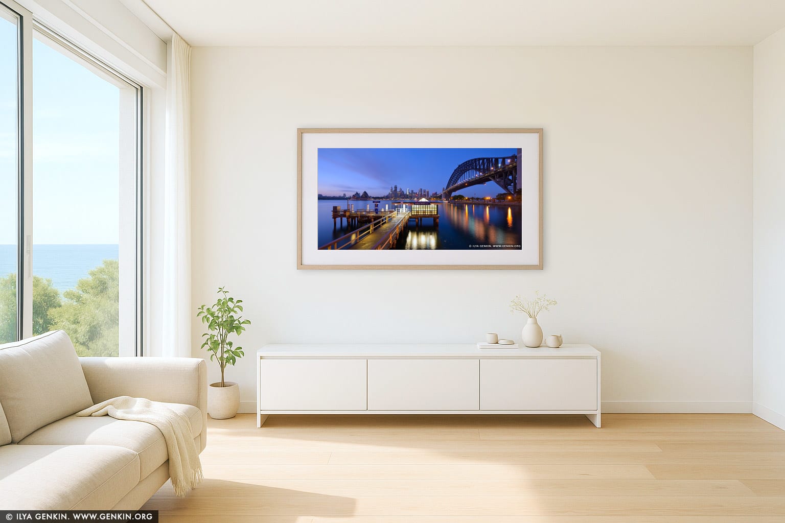 Jeffrey Street Wharf at Dawn wall art in a luxury living room interior