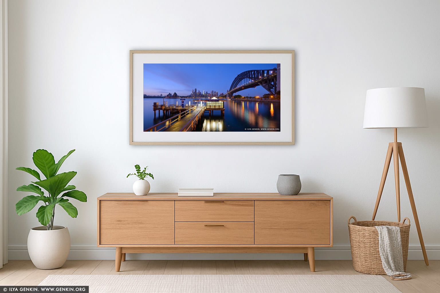 Jeffrey Street Wharf at Dawn wall art in a modern living room interior