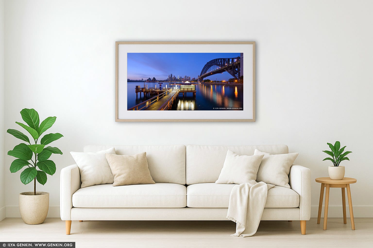 Jeffrey Street Wharf at Dawn wall art in a minimalist living room interior