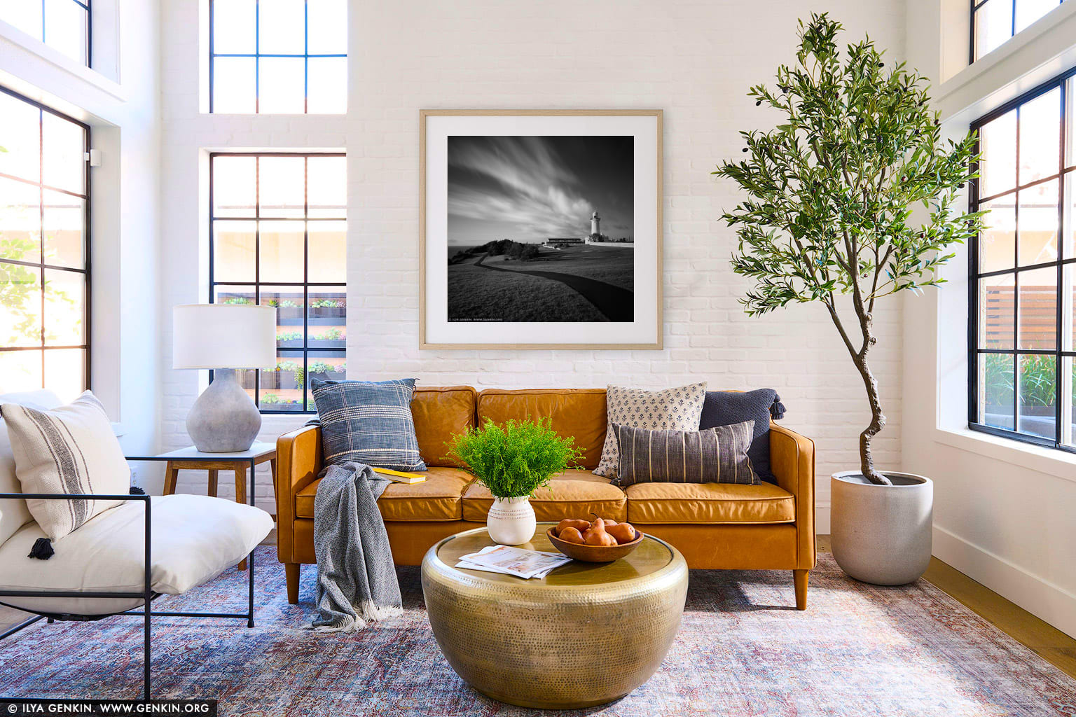 The Macquarie Lighthouse wall art in a minimalist living room interior
