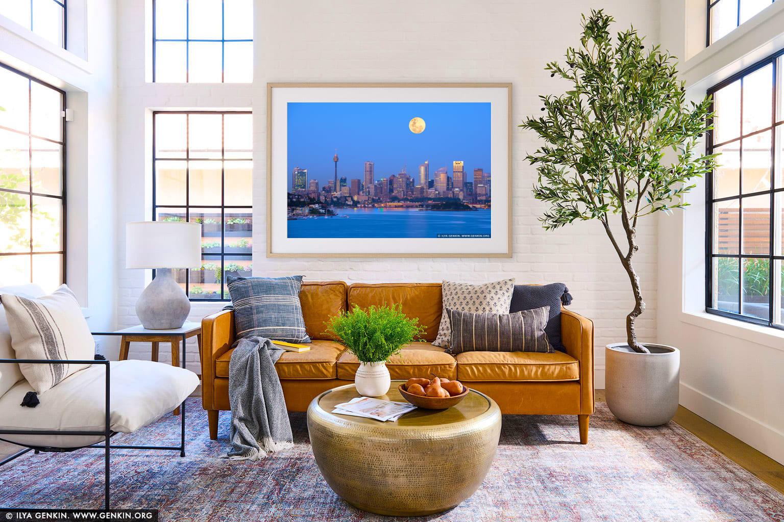 Full Moon Over Sydney City wall art in a luxury living room interior