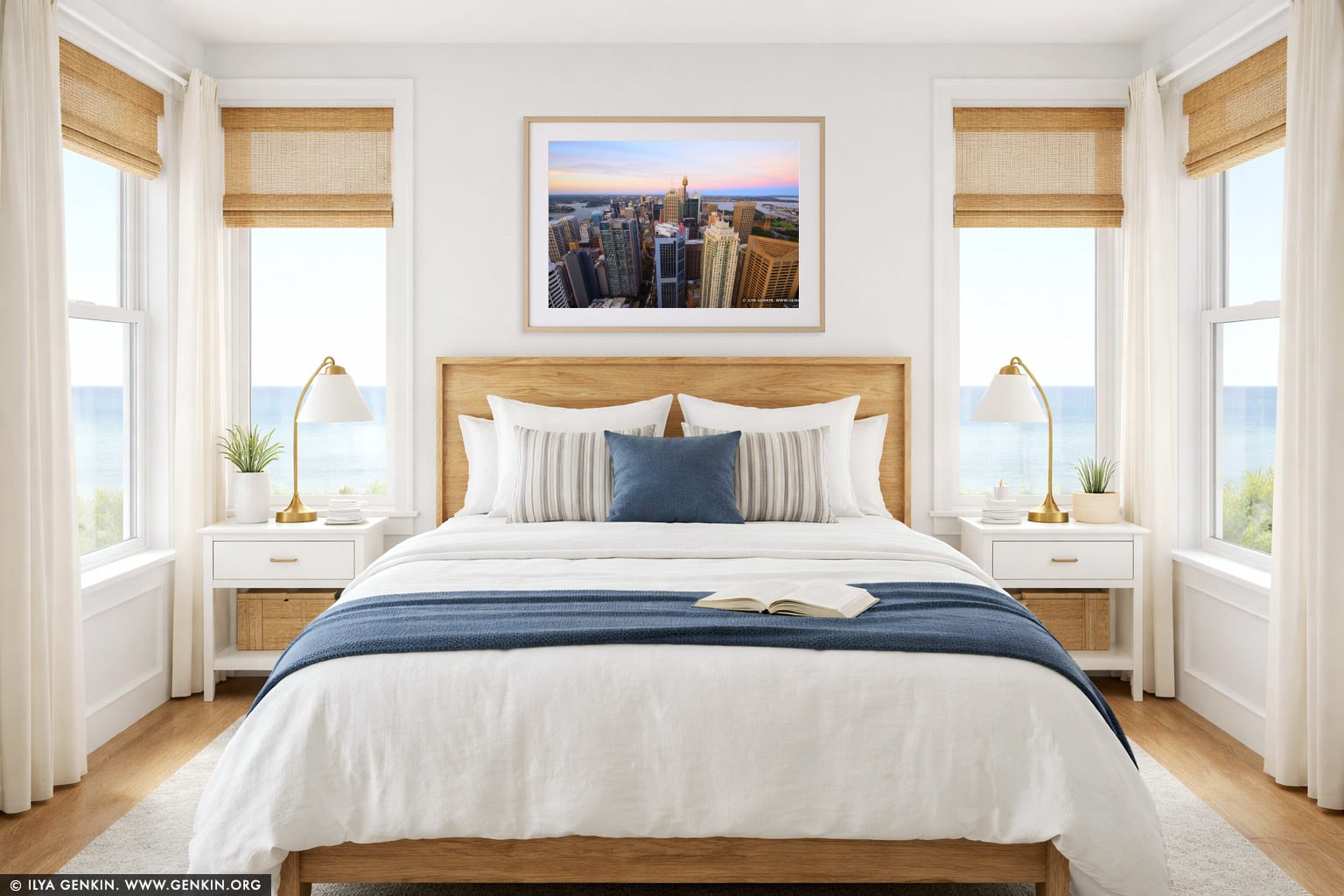 Sydney City at Dusk from Above wall art in a bedroom interior