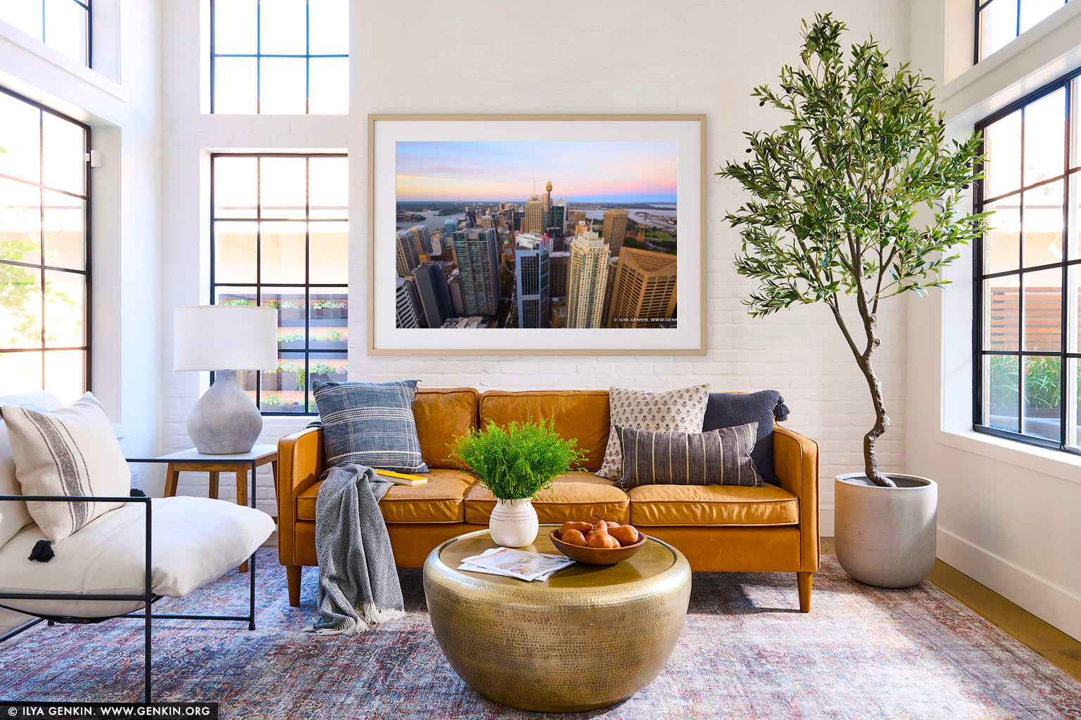Sydney City at Dusk from Above wall art in a modern living room interior