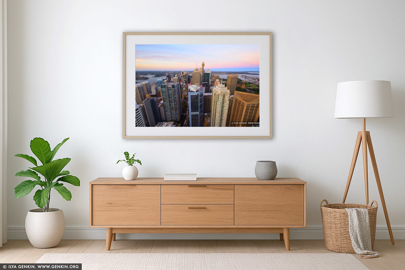 Sydney City at Dusk from Above wall art in a contemporary living room interior