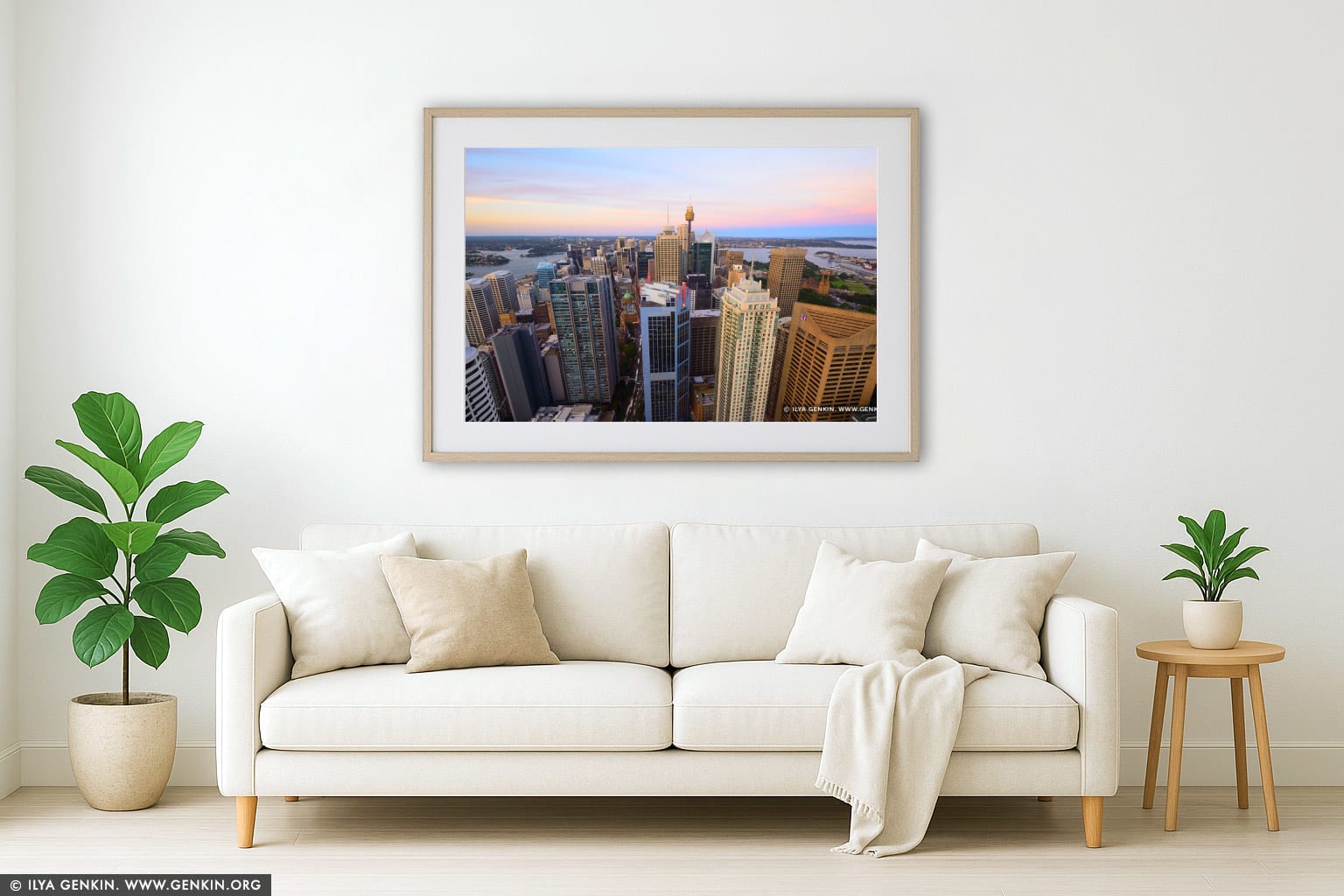 Sydney City at Dusk from Above wall art in a luxury living room interior