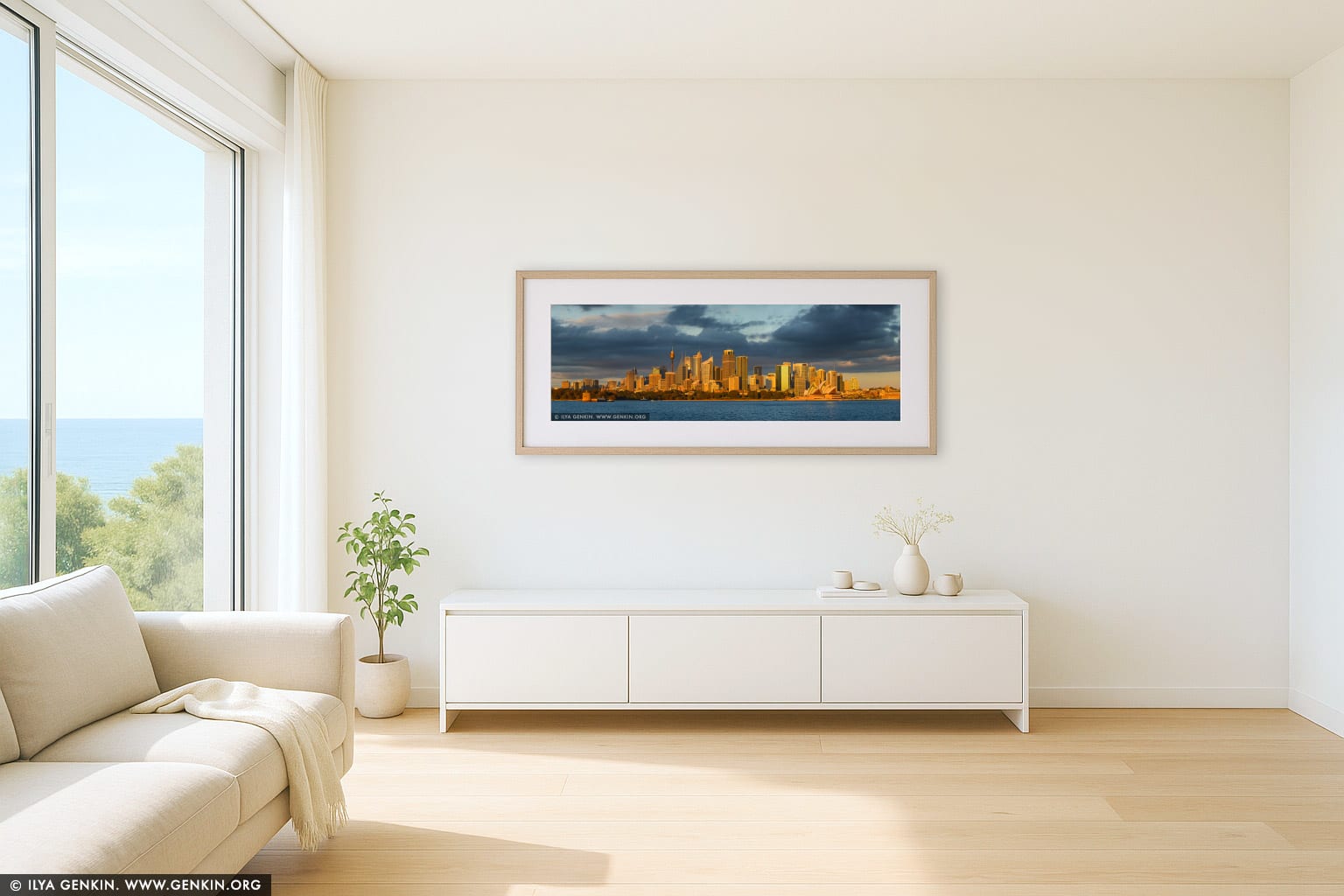 The Sydney City Panorama at Sunrise wall art in a luxury living room interior