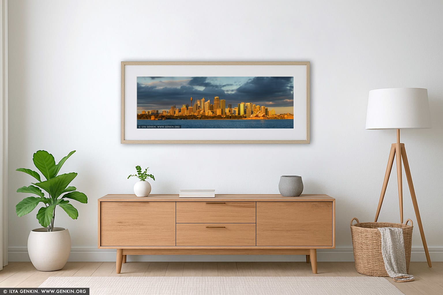 The Sydney City Panorama at Sunrise wall art in a modern living room interior