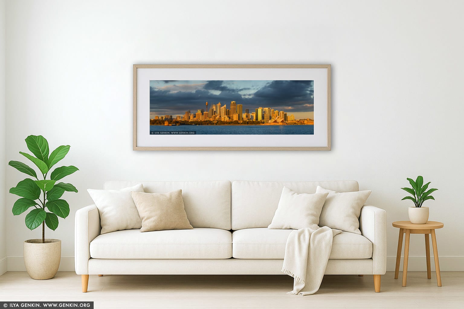 The Sydney City Panorama at Sunrise wall art in a minimalist living room interior