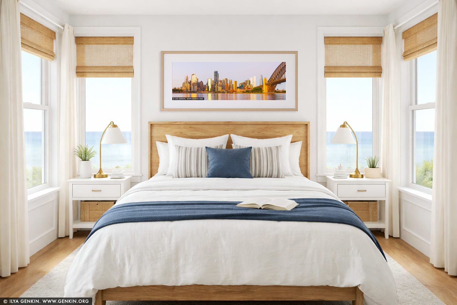 Sydney City at Dawn wall art in a bedroom interior