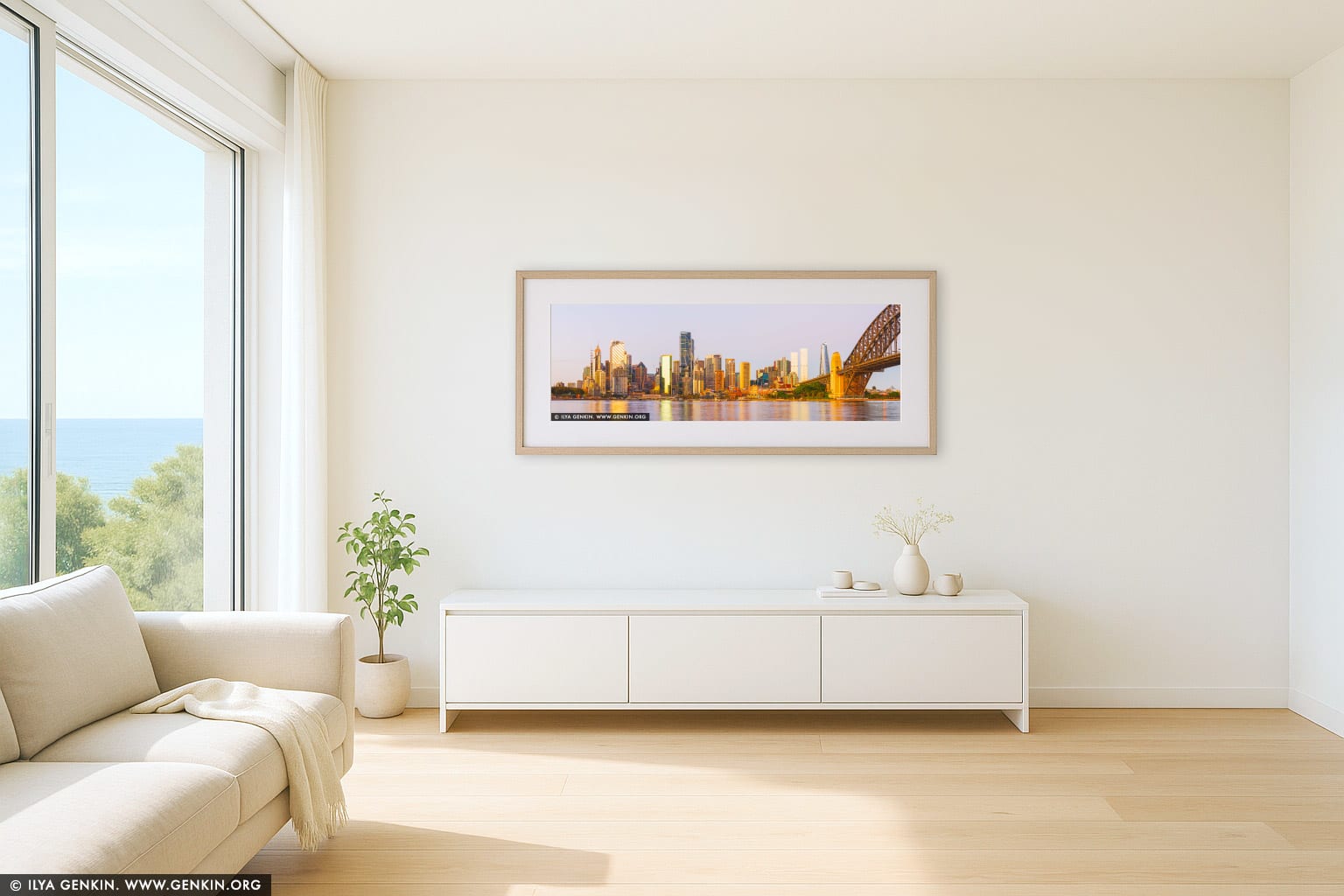 Sydney City at Dawn wall art in a minimalist living room interior