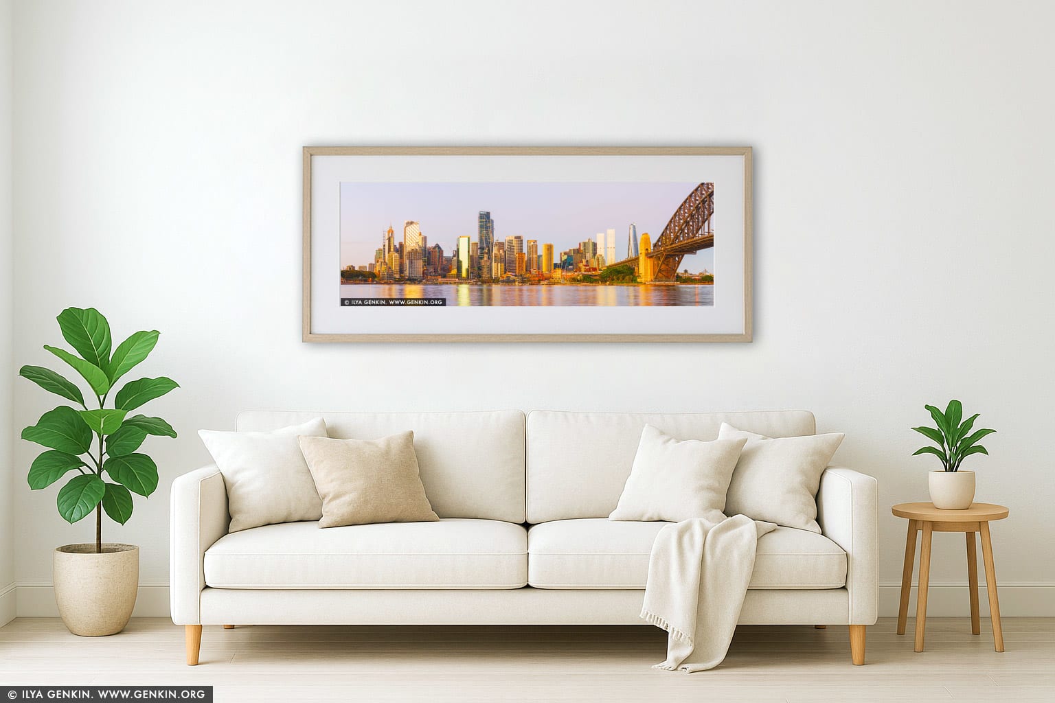 Sydney City at Dawn wall art in a contemporary living room interior