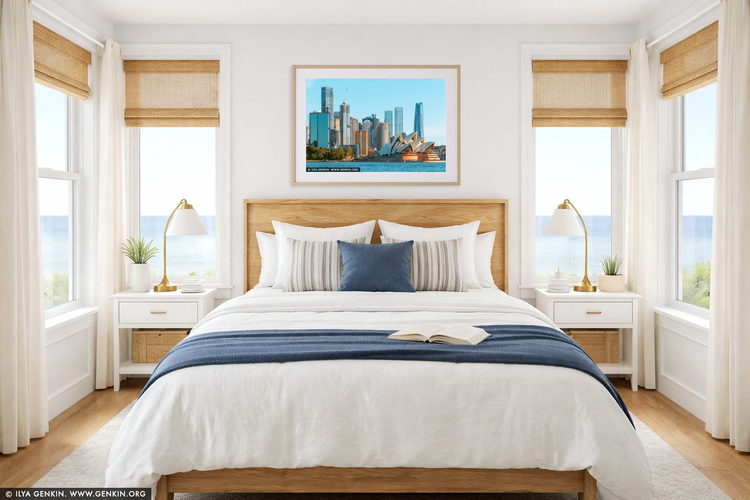 Harbour Harmony: Sydney Skyline and Opera House in Afternoon Glow wall art in a bedroom interior